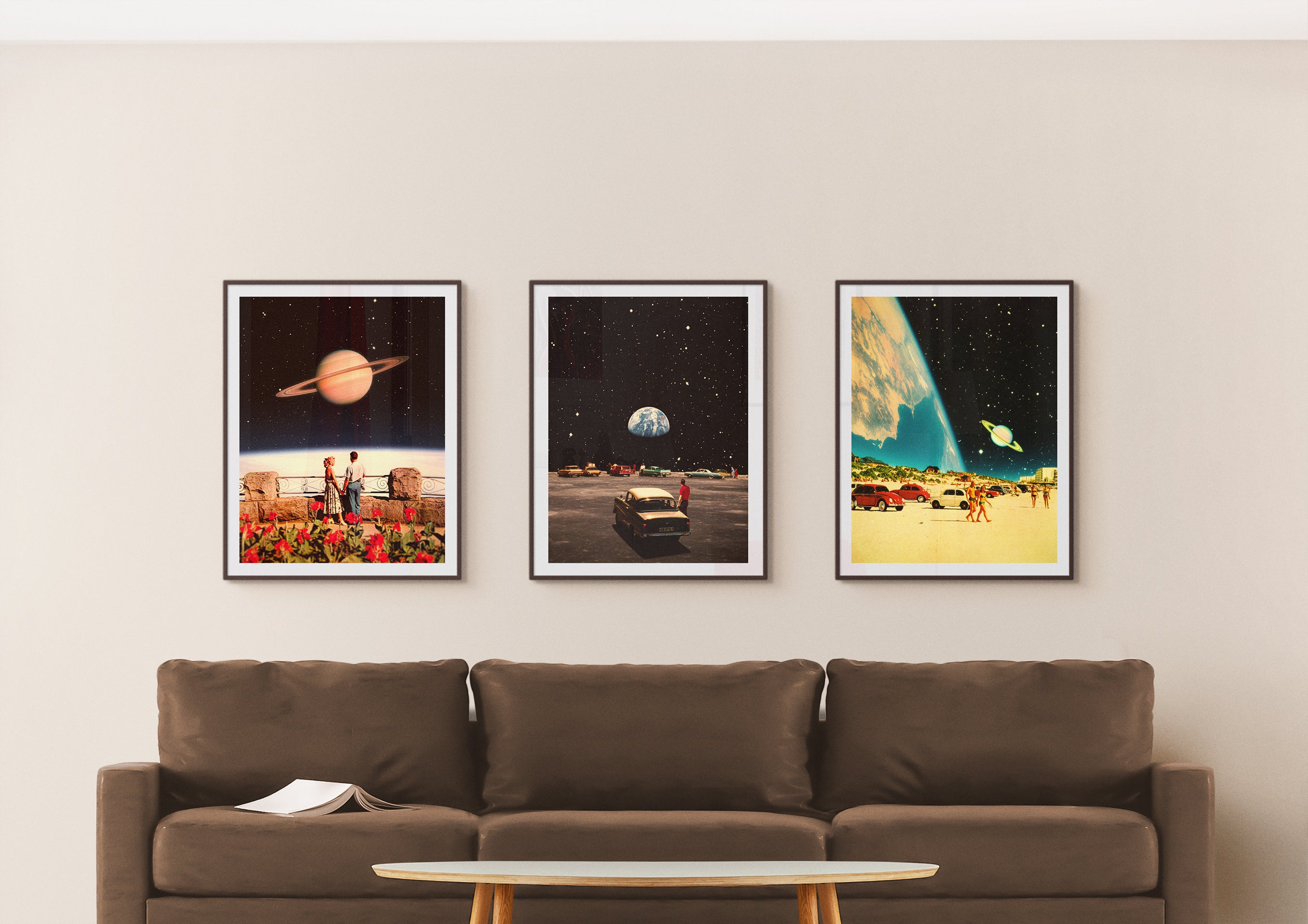 Three framed collage art posters hanging above a brown sofa.