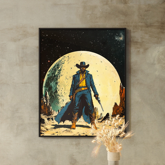 a painting of a cowboy holding a gun in front of a full moon