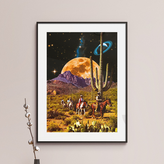 a painting of a desert scene with horses and a cactus