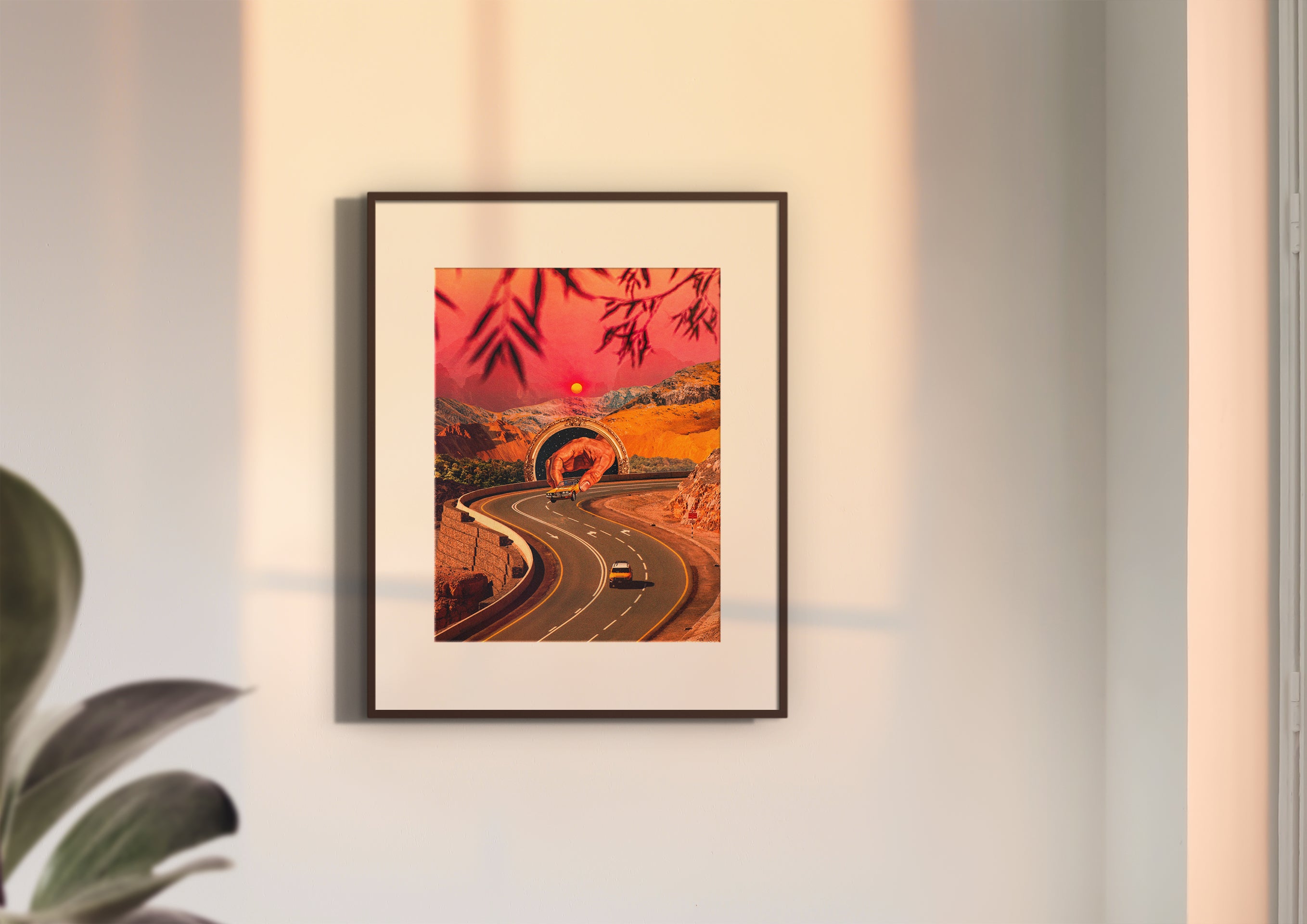 A framed print of Play Time hanging on the wall. A green plan is visible in the bottom left corner. The sundown outside creates a magical effect inside.