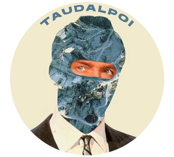 Taudalpoi's shop logo of a man in a suit with a hood over his face.