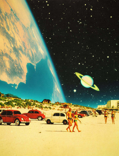 Galaxy Beach Poster - Retro Futuristic Space Vintage Collage Art, Premium Poster, Wall Art - Taudalpoi