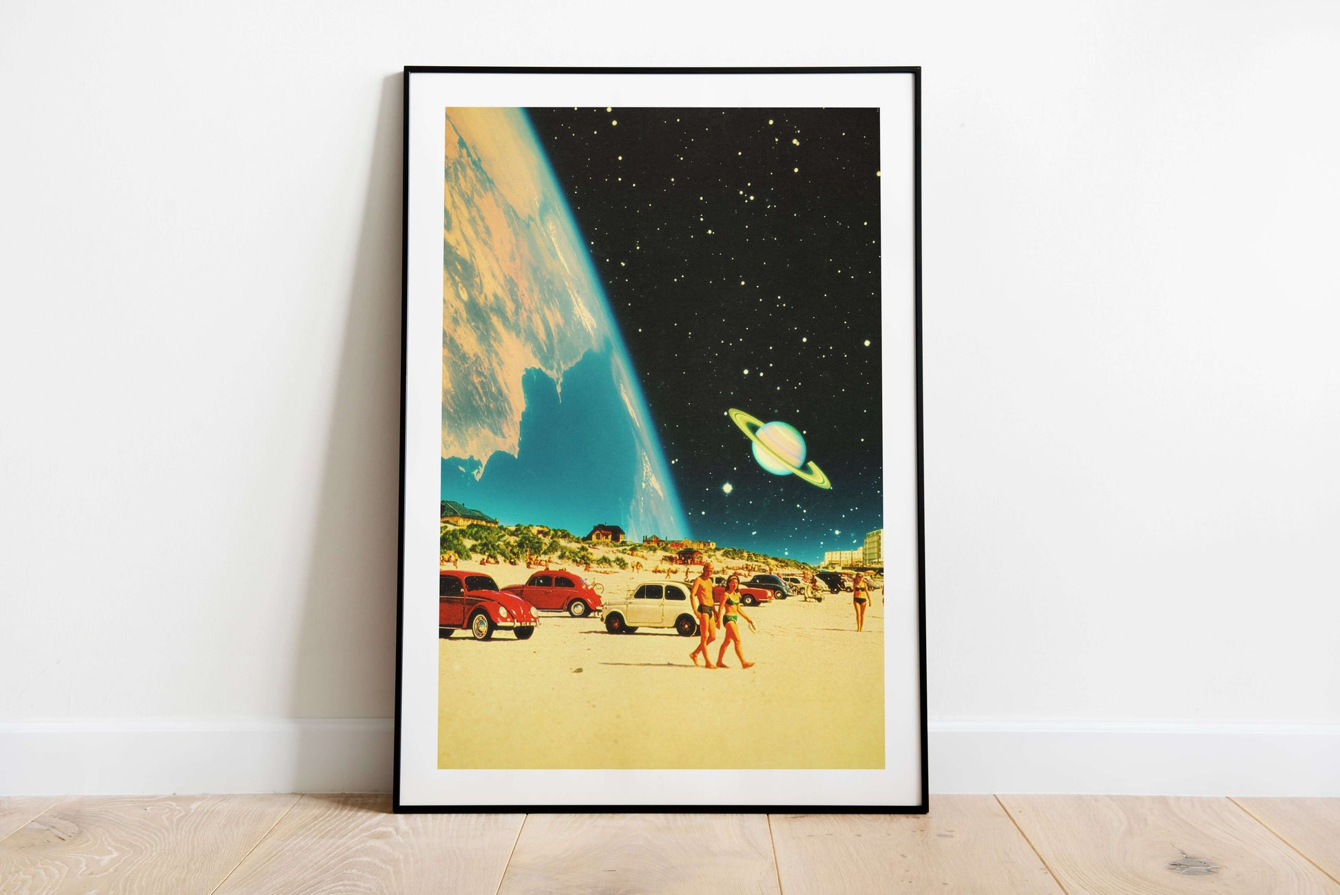 Galaxy Beach Poster - Retro Futuristic Space Vintage Collage Art, Premium Poster, Wall Art - Taudalpoi